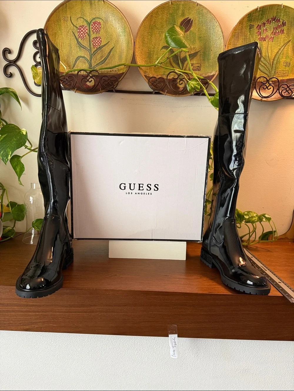 Guess Raniele 4 Black Patent Stretch Over-the-Knee Boots.